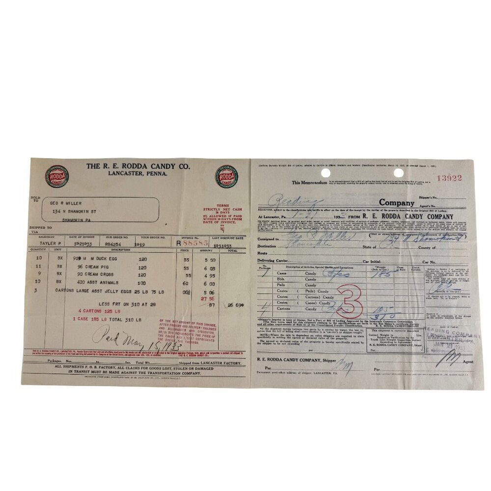 1933 R E Rodda Candy Co Lancaster PA Chocolate Receipts Letterhead Ephemera Lot